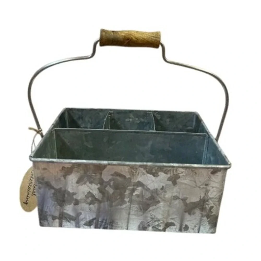 Galvanized Metal Caddy Organizer Wood Handle 3 Compartment‎ Rustic Farmhouse